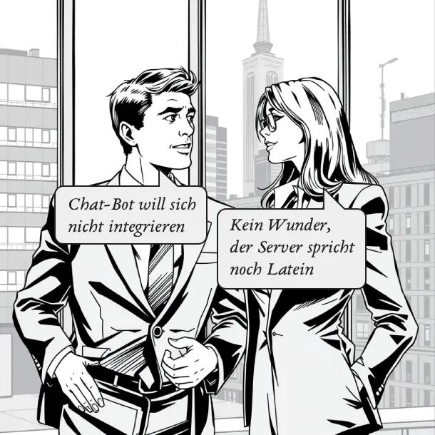 Zwei Kollegen in einem deutschen KMU diskutieren über die Kosten der IT-Modernisierung und den Verlust von Kunden durch veraltete Systeme, um die Notwendigkeit der Digitalisierung im Mittelstand hervorzuheben.