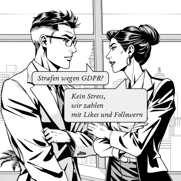 Zwei Kollegen in einem deutschen KMU lachen über die Herausforderungen mit GDPR-Strafen und scherzen über die Zahlung mit Likes und Followern, um die Unsicherheiten rund um Datenschutz und Compliance im Mittelstand humorvoll darzustellen.