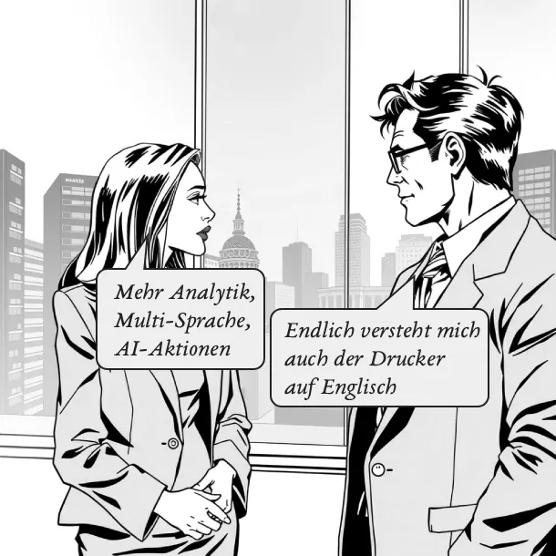 Zwei Kollegen in einem deutschen KMU scherzen über erweiterte Analytik, Mehrsprachigkeit und AI-Aktionen, wobei eine humorvolle Anspielung auf einen englischsprachigen Drucker die innovative Digitalisierung im Mittelstand verdeutlicht.