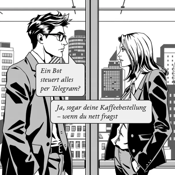 Zwei Kollegen in einem deutschen KMU scherzen über einen Bot, der alles per Telegram steuert, einschließlich humorvoller Anspielungen auf Kaffeebestellungen, um die moderne Automatisierung und Digitalisierung im Mittelstand zu beleuchten.