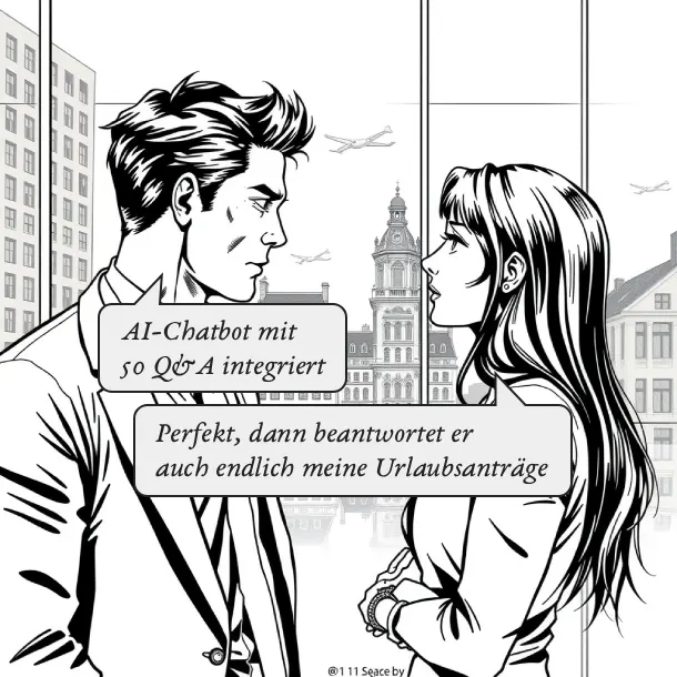 Zwei Kollegen in einem deutschen KMU scherzen über flexible und modulare IT-Lösungen, wobei eine humorvolle Anspielung auf Ausreden bei Deadlines die pragmatische Arbeitsweise im Mittelstand unterstreicht.