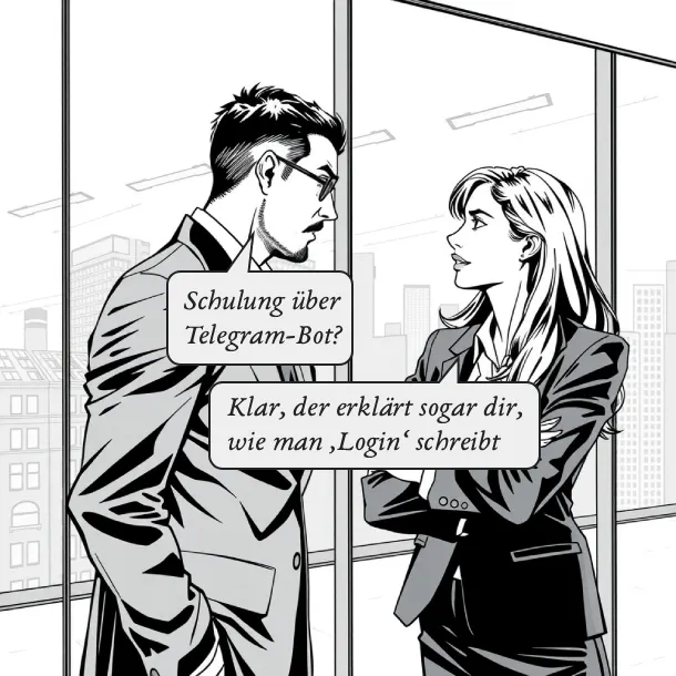 Zwei Kollegen in einem deutschen KMU scherzen über eine Schulung mit einem Telegram-Bot, der sogar einfache IT-Grundlagen erklärt, um die humorvolle Seite der Digitalisierung und Mitarbeiterschulung im Mittelstand zu verdeutlichen.