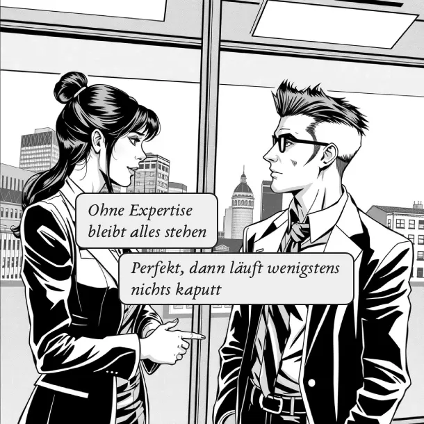 Zwei Kollegen in einem deutschen KMU scherzen über den Mangel an IT-Expertise und die Angst vor Systemausfällen, um die Herausforderungen des IT-Fachkräftemangels und der Digitalisierung im Mittelstand zu verdeutlichen.