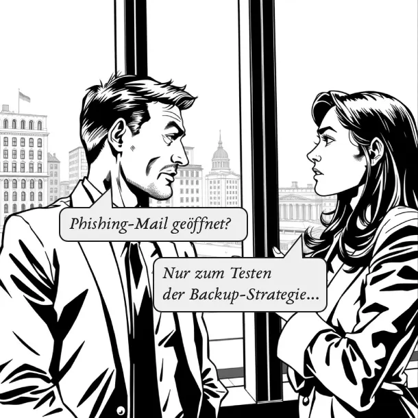 Zwei Mitarbeiter in einem deutschen KMU diskutieren humorvoll über eine geöffnete Phishing-Mail und die Backup-Strategie, um die Dringlichkeit von IT-Sicherheit und Datenschutz im Mittelstand zu betonen.
