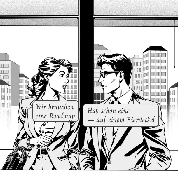 Zwei Kollegen in einem deutschen KMU scherzen über die Notwendigkeit einer IT-Roadmap, wobei eine skizzierte Planung auf einem Bierdeckel die pragmatische Herangehensweise an Digitalisierung und Modernisierung im Mittelstand verdeutlicht.